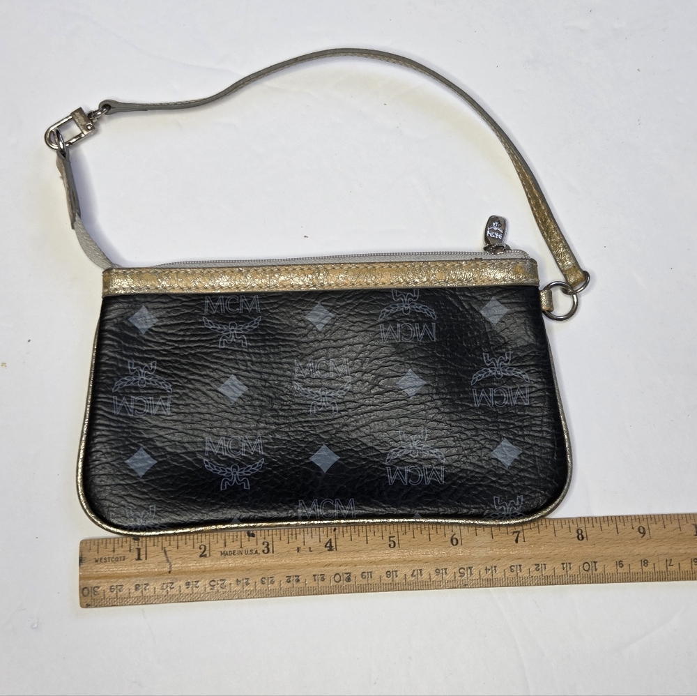 MCM Authentic Black Monogram Leather Wristlet Clutch with Gold Trim - Picture 7 of 12